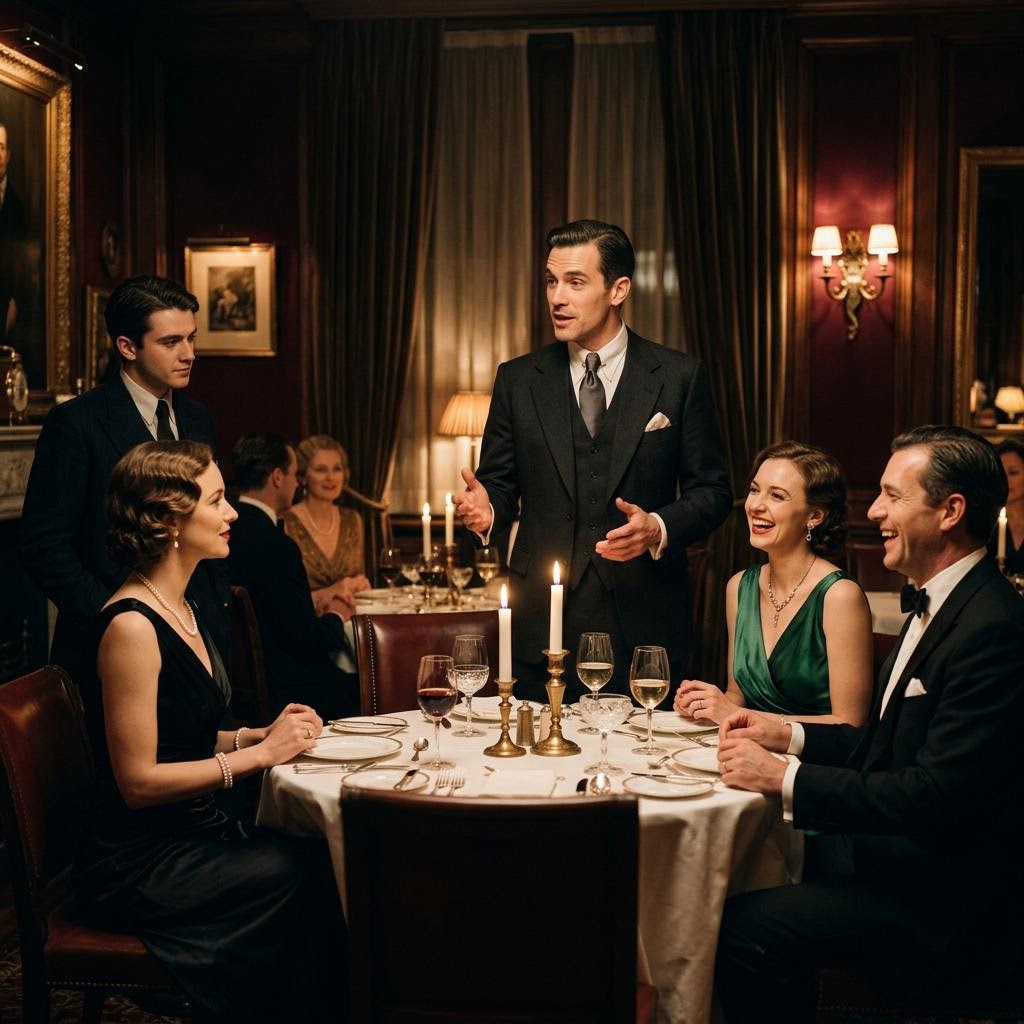 Actors bringing a live mystery to a dinner table